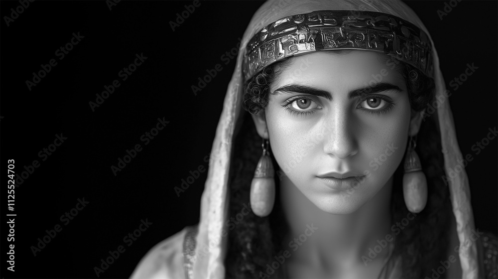 Black and white close-up of Cleopatra VII’s face based on the Berlin Bust, emphasizing her striking features and royal elegance.
Black and white close-up of Cleopatra VII’s face based on the Berlin Bust, emphasizing her striking features and royal elegance.