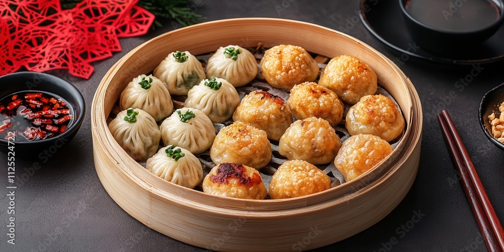 Chinese New Year and dumpling tradition. Steamed dumplings served in a bamboo basket with condiments. Chinese New Year and dumpling tradition. Steamed dumplings served in a bamboo basket with condiments.