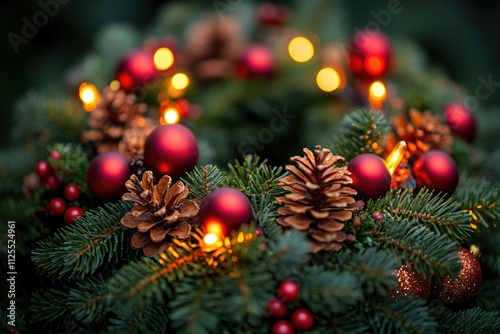 A decorative wreath made of pine cones and red ornaments, perfect for holiday or seasonal designs