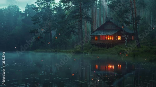 Glowing window of a wooden cabin in a dark forest by a lake, tranquil night scenery  
Seamless looping 4k time-lapse virtual video animation Generated AI