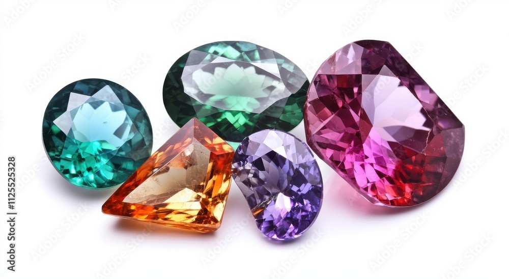 A Stunning Collection of Colorful Gems and Precious Stones Showcasing Brilliant Cuts and Iridescent Sparkles on a White Background A Stunning Collection of Colorful Gems and Precious Stones Showcasing Brilliant Cuts and Iridescent Sparkles on a White Background