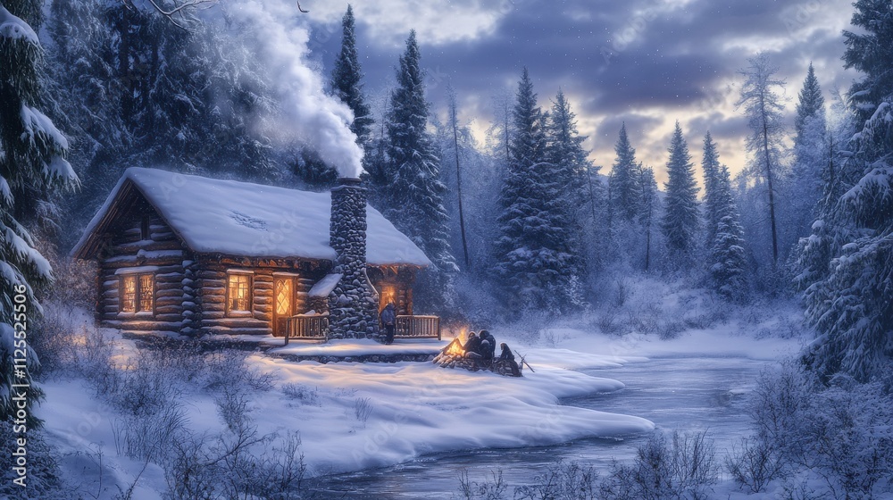 Cozy snow cabin by river at dusk. Cozy snow cabin by river at dusk.