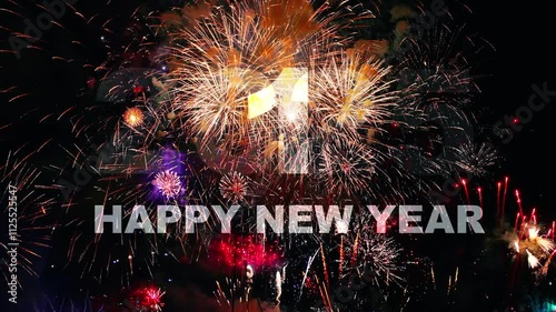 Happy New Year 2025 background illumination, countdown and fireworks in night sky. Firework sparkler banner video