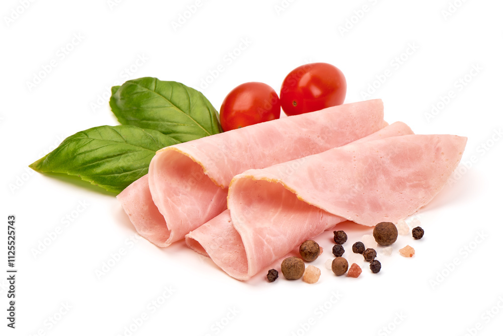 Cooked boiled ham slices, isolated on white background. Cooked boiled ham slices, isolated on white background.