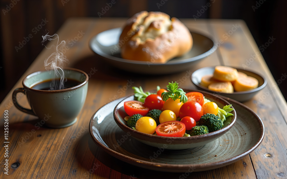 Rustic Breakfast Setting with Fresh Vegetables, Artisan Bread, and Steaming Coffee Rustic Breakfast Setting with Fresh Vegetables, Artisan Bread, and Steaming Coffee
