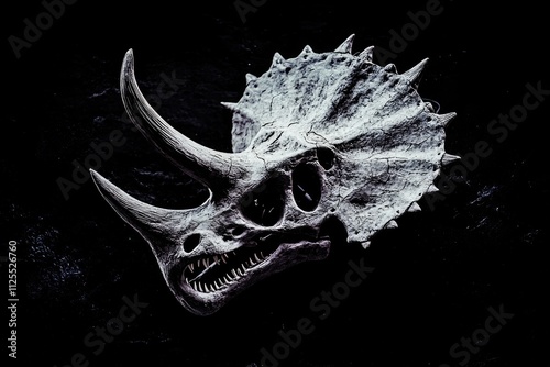 A close-up shot of a dinosaur skull on a black background