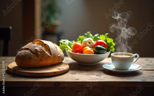 Rustic Breakfast Setting with Fresh Vegetables, Artisan Bread, and Steaming Coffee photo