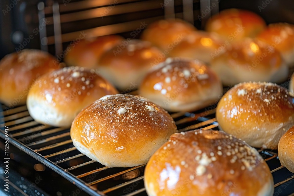 Freshly baked buns arranged neatly on a rack Freshly baked buns arranged neatly on a rack