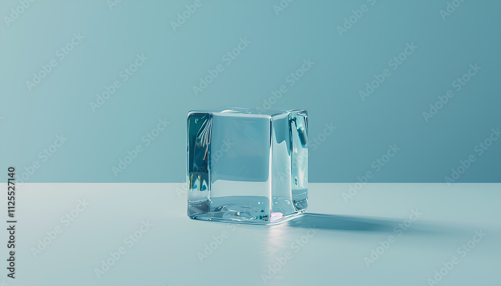 Crystal clear ice cube on light blue background, closeup. Color tone effect