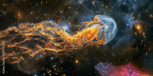 Cosmic nebula 'Jellyfish Galaxy,' featuring a luminous core and arcing gas tendrils shaped by shockwaves, resembling jellyfish tentacles