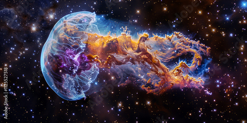Cosmic nebula 'Jellyfish Galaxy,' featuring a luminous core and arcing gas tendrils shaped by shockwaves, resembling jellyfish tentacles