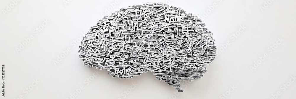 A unique representation of a brain created from numerous words and phrases, providing an area for further text and concepts. Generative AI