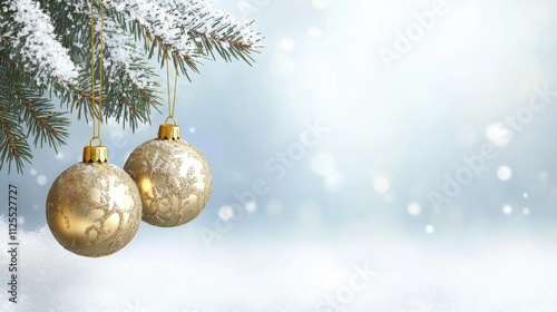 Beautiful Christmas tree background with Christmas tree branches and gold Christmas tree toys