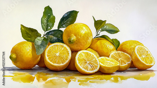 Fresh yellow lemons with leaves on a countertop in natural light photo