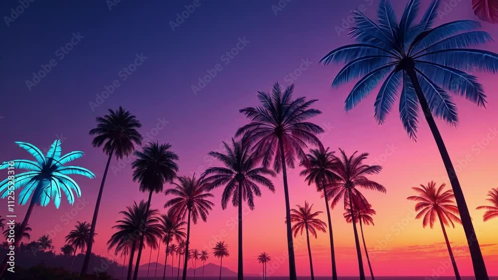 Tropical Oasis A of vibrant neon palm trees each frond a dazzling array of neon pink and blue stands silhouetted against a warm gradient transitioning from deep orange to soft Tropical Oasis A of vibrant neon palm trees each frond a dazzling array of neon pink and blue stands silhouetted against a warm gradient transitioning from deep orange to soft
