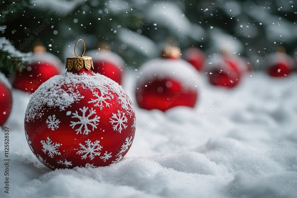 A close-up view of a bright red ornament in the snowy surroundings, ideal for winter-themed projects or holiday decorations