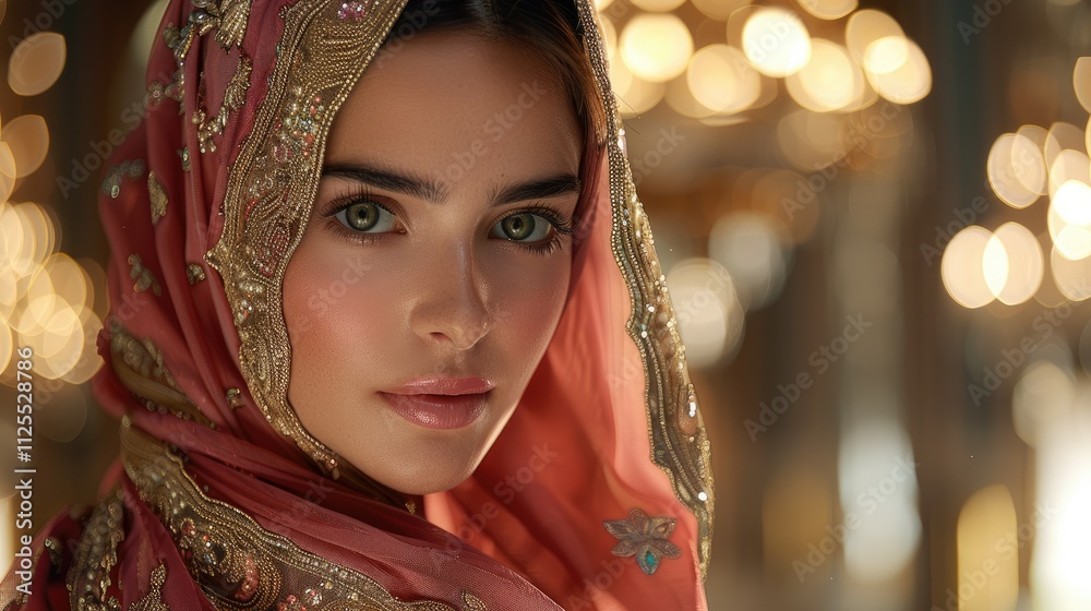Close-up portrait of a woman wearing a decorated headscarf. Close-up portrait of a woman wearing a decorated headscarf.