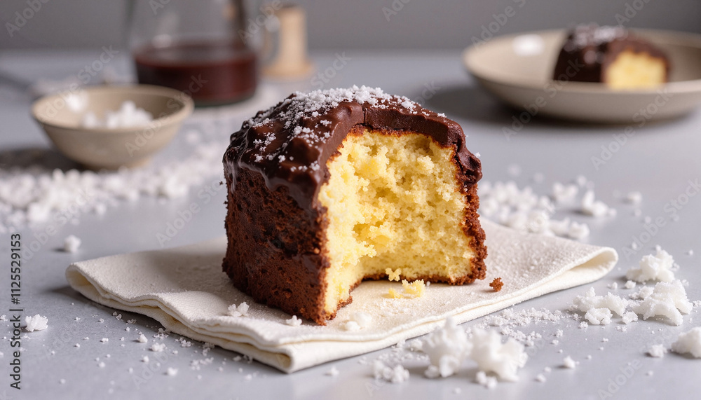 Slice of coconut cake with chocolate glaze on napkin Slice of coconut cake with chocolate glaze on napkin
