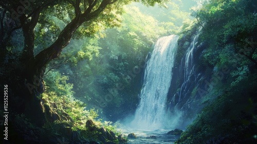 Sunlit waterfall cascading through lush green forest. (1)