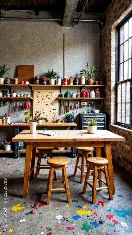 A creative studio with a large wooden workbench surrounded by stools. The walls are lined with open shelving displaying jars of paintbrushes, tools, and art supplies A creative studio with a large wooden workbench surrounded by stools. The walls are lined with open shelving displaying jars of paintbrushes, tools, and art supplies