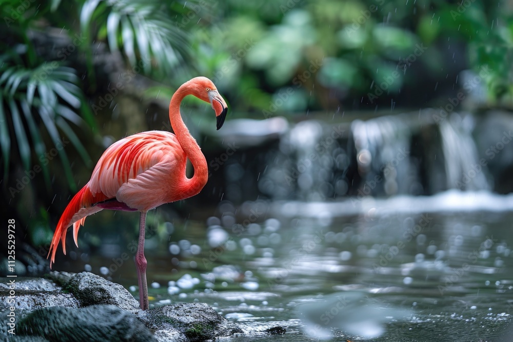 Fototapeta premium A single flamingo stands on a rock in the water, with its feathers rustling slightly in the breeze
