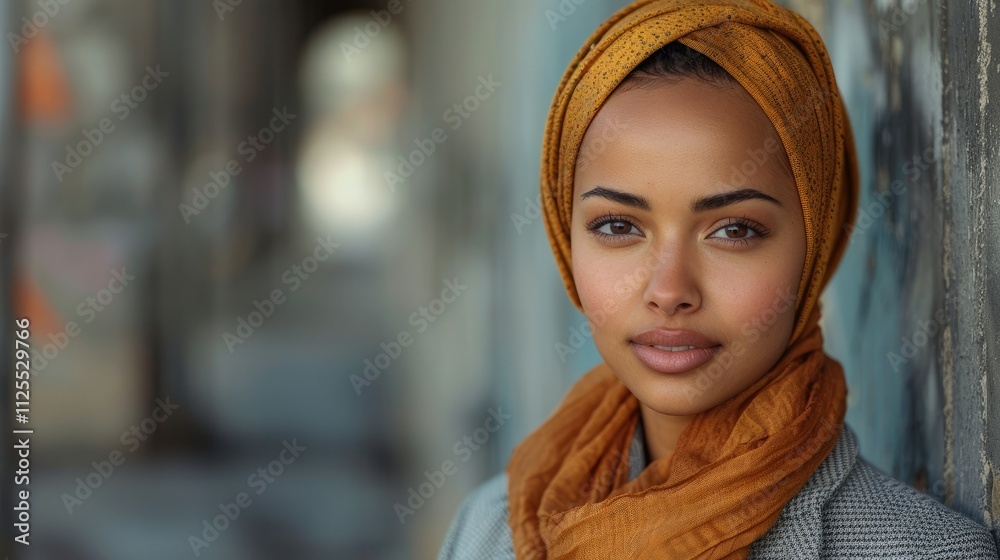 Close-up portrait of a young woman wearing a headscarf. Close-up portrait of a young woman wearing a headscarf.