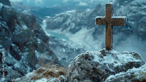 A snowy peak with a cross at the top, perfect for winter or religious-themed images
