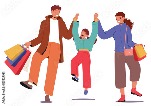 Happy family with cheerful boy son child after shopping having fun and enjoying holiday purchases