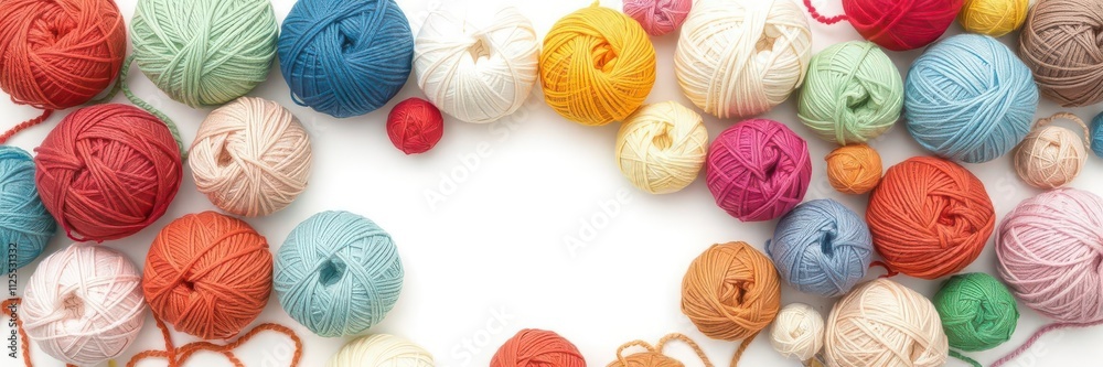 A vibrant arrangement of colorful balls of yarn in various shades and sizes against a white background, handmade A vibrant arrangement of colorful balls of yarn in various shades and sizes against a white background, handmade