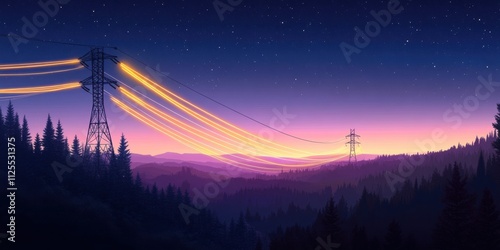 A serene digital landscape depicting power lines silhouetted against a colorful twilight sky, ideal for energy, technology, or nature-related projects.