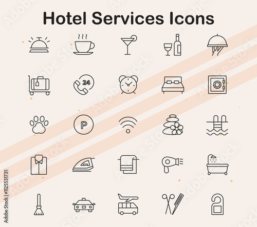 Icons for hotel and hospitality services  representing rooms  amenities  and customer services.