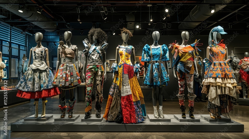 Fototapeta premium Colorful clothing display on mannequins in a modern gallery.