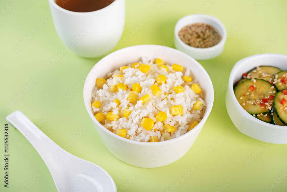 Asian corn rice in a bowl with cucumber salad Asian corn rice in a bowl with cucumber salad