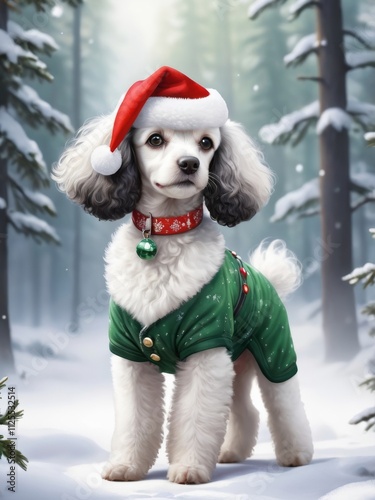 White poodle wearing christmas outfit in snowy forest. Generative AI