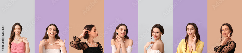 Set of pretty young woman with beautiful jewelry on color background Set of pretty young woman with beautiful jewelry on color background