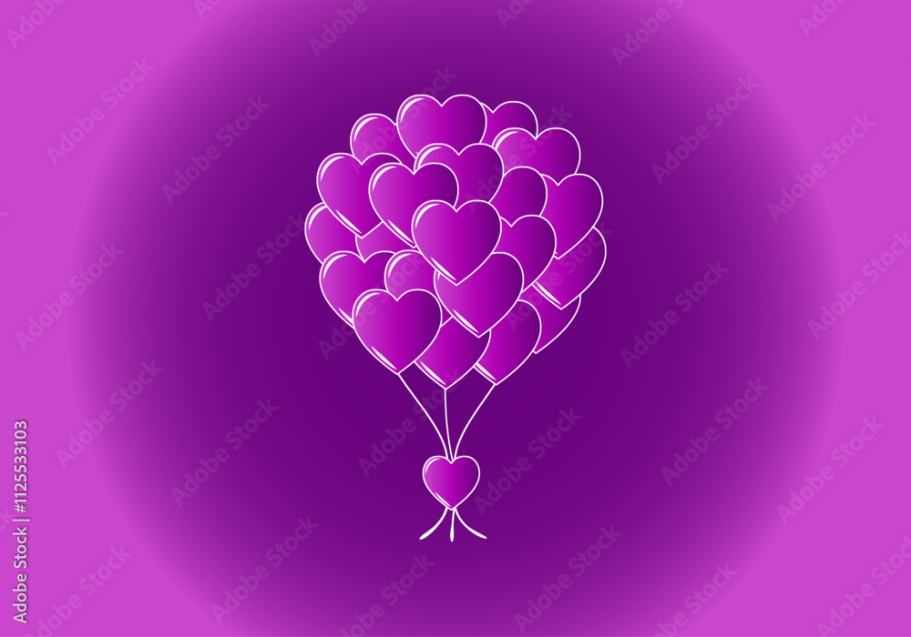 Ramo de corazones en morado y violeta sobre fondo degradado morado y violeta