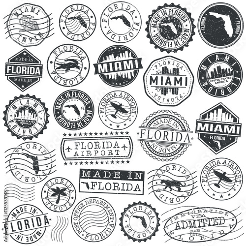 Miami, FL, USA Set of Stamps. City Travel Marks. Made In Product. Design Seals Old Style Insignia.