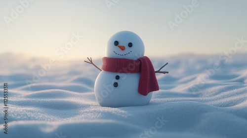 Snowman wearing a red scarf in a serene snowy field at sunset photo