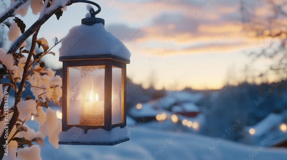 Lantern covered in snow with a glowing candle at dusk Lantern covered in snow with a glowing candle at dusk
