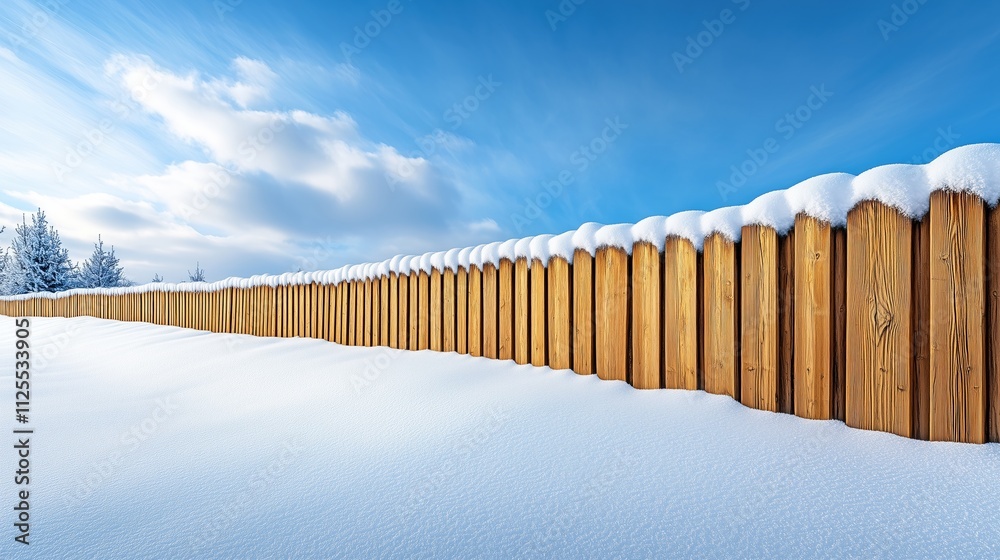 Fototapeta premium Wooden fence covered in snow under a bright blue sky