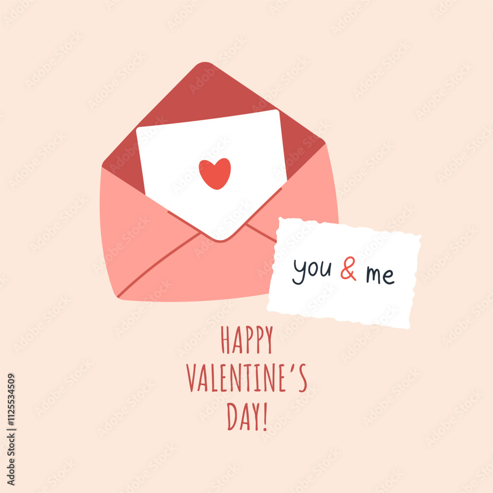 Cute and simple Valentines Day card with envelope and hearts. Flat vector romantic elements with love letter, envelope and hearts. Vector flat illustration in hand drawn style. Simple, minimalistic, h Cute and simple Valentines Day card with envelope and hearts. Flat vector romantic elements with love letter, envelope and hearts. Vector flat illustration in hand drawn style. Simple, minimalistic, h