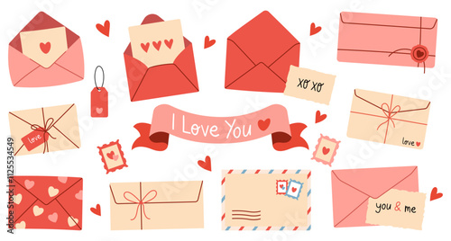 Set Stickers for St. Valentine's Day on February 14 with envelopes and love letters. Romantic open and closed envelopes with cards, letters, various elements and text. Vector flat illustration