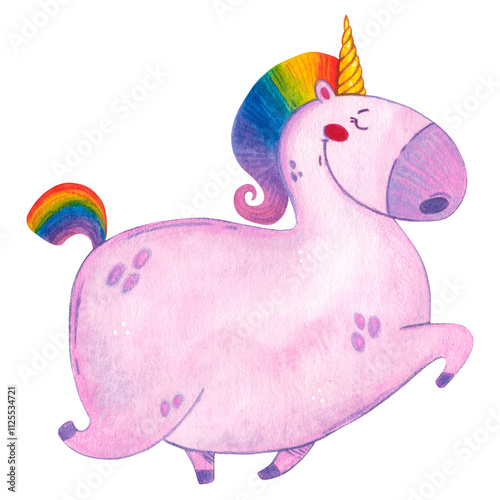 Wallpaper Mural A lilac unicorn with a rainbow mane strides. Watercolor illustration hand drawn in children's style. Drawing for stickers, postcards. Unicorn, cartoon, character, lilac, rainbow mane, purple, magic Torontodigital.ca