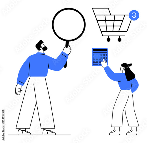 Man holds magnifying glass, woman interacts with calculator, and shopping cart shows three items. Ideal for e-commerce, digital marketing, online shopping, financial analysis, customer behavior