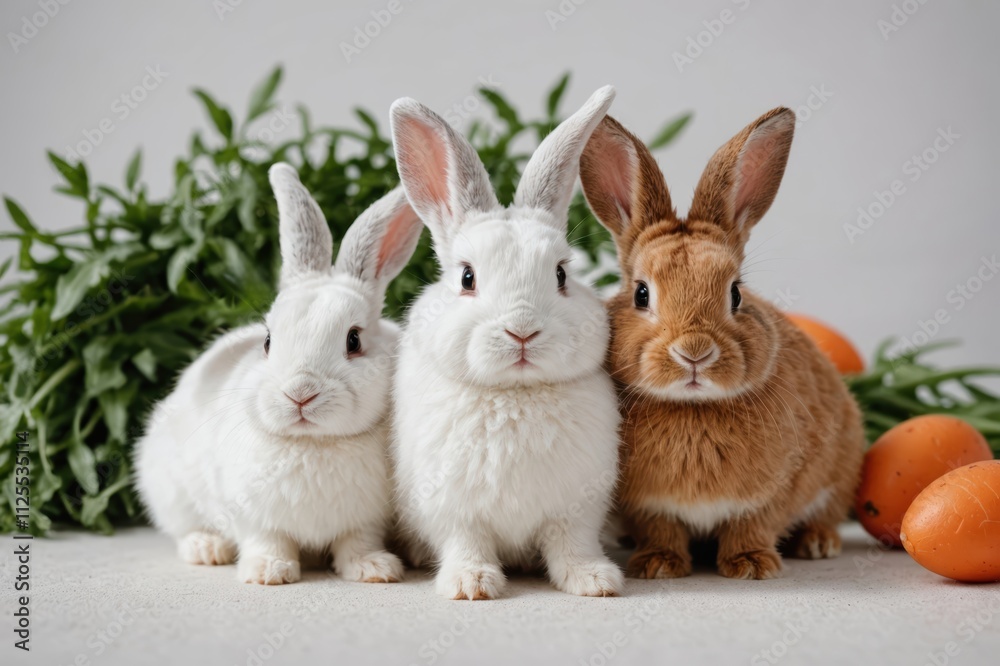 Group of Lovely bunny easter fluffy rabbit, Adorable baby rabbit eat carrot on white background. The Easter white creamy hares eat carrot, a concept for Easter. Close - up of a rabbit. Group of Lovely bunny easter fluffy rabbit, Adorable baby rabbit eat carrot on white background. The Easter white creamy hares eat carrot, a concept for Easter. Close - up of a rabbit.