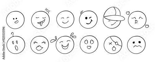 Set of Doodle Emoji Face Icons depicting various emotions including admiration, sadness, anger, and love.