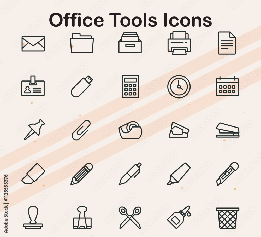 Icons for office tools and equipment including computers desks and stationery ideal for business and office-related projects. Icons for office tools and equipment including computers desks and stationery ideal for business and office-related projects.