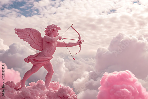 Pink cupid with wings and bow shooting arrow surrounded by pink clouds representing love and fantasy