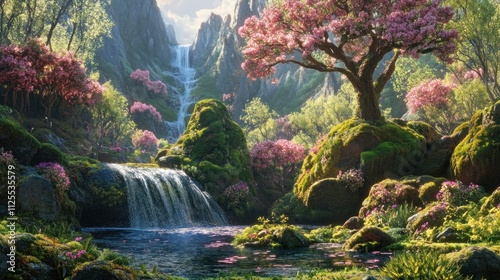 Enchanted Waterfall in a Spring Blossom Paradise