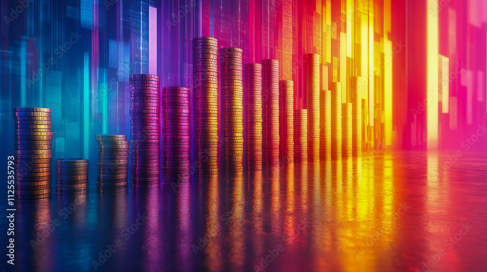 Vibrant vertical coin stacks against a colorful geometric background